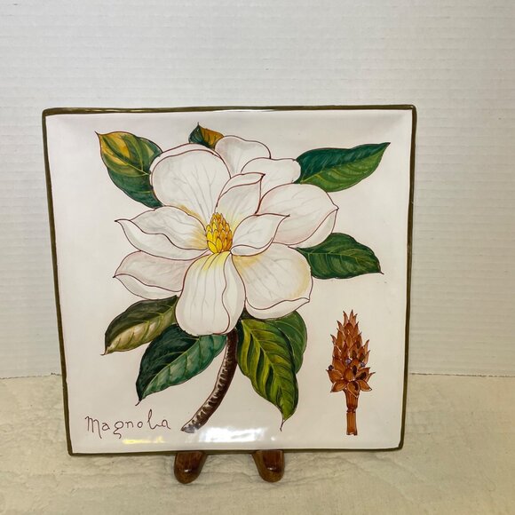 Hand-Painted Ceramic Magnolia Tile Wall Art From Italy - Picture 5 of 10